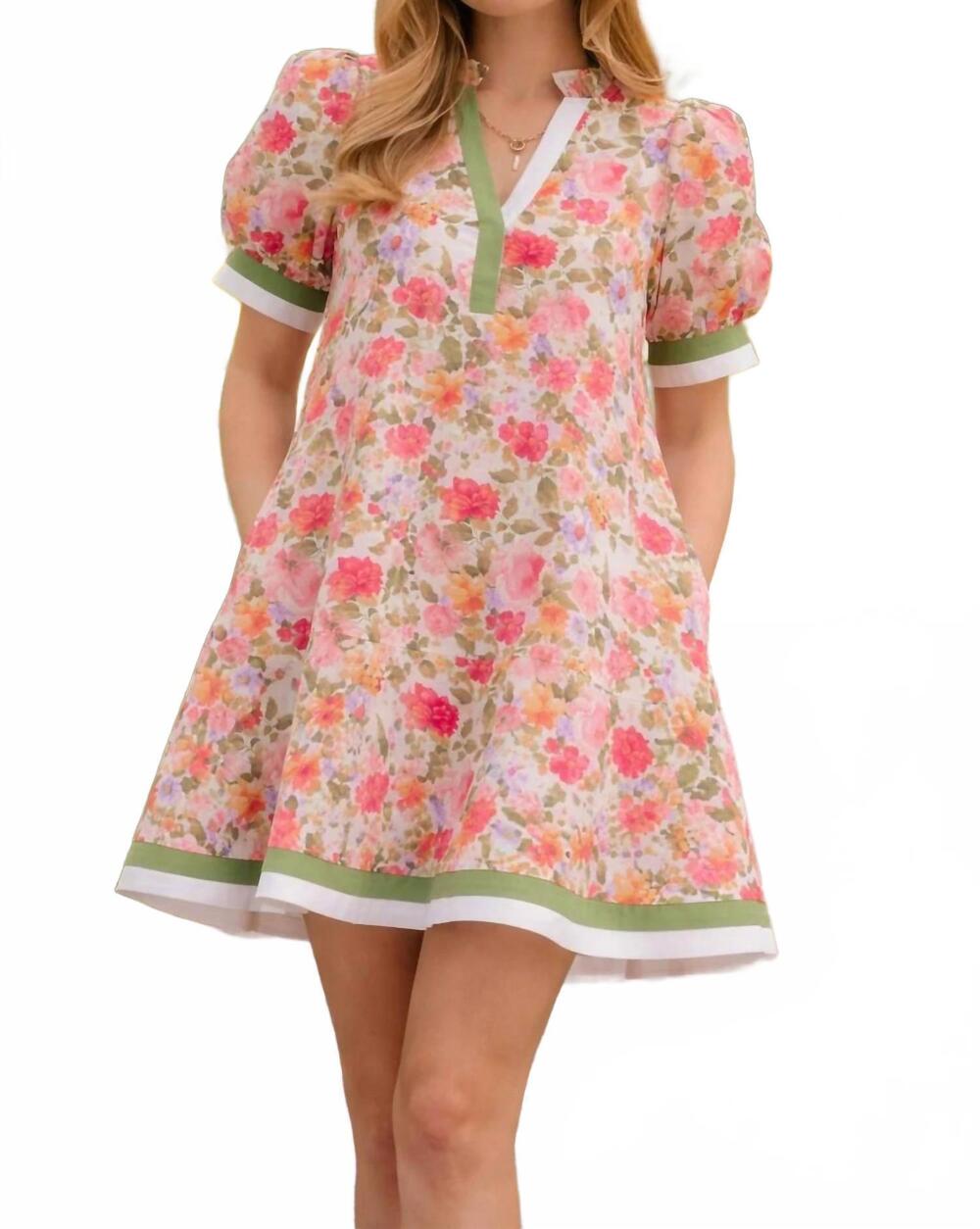 NEW ENTRO puff sleeve mini dress in matcha garden floral